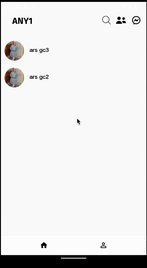 The ANY1 inbox: a wordmark, a search icon, a people icon, chat rows and a two-tab bar