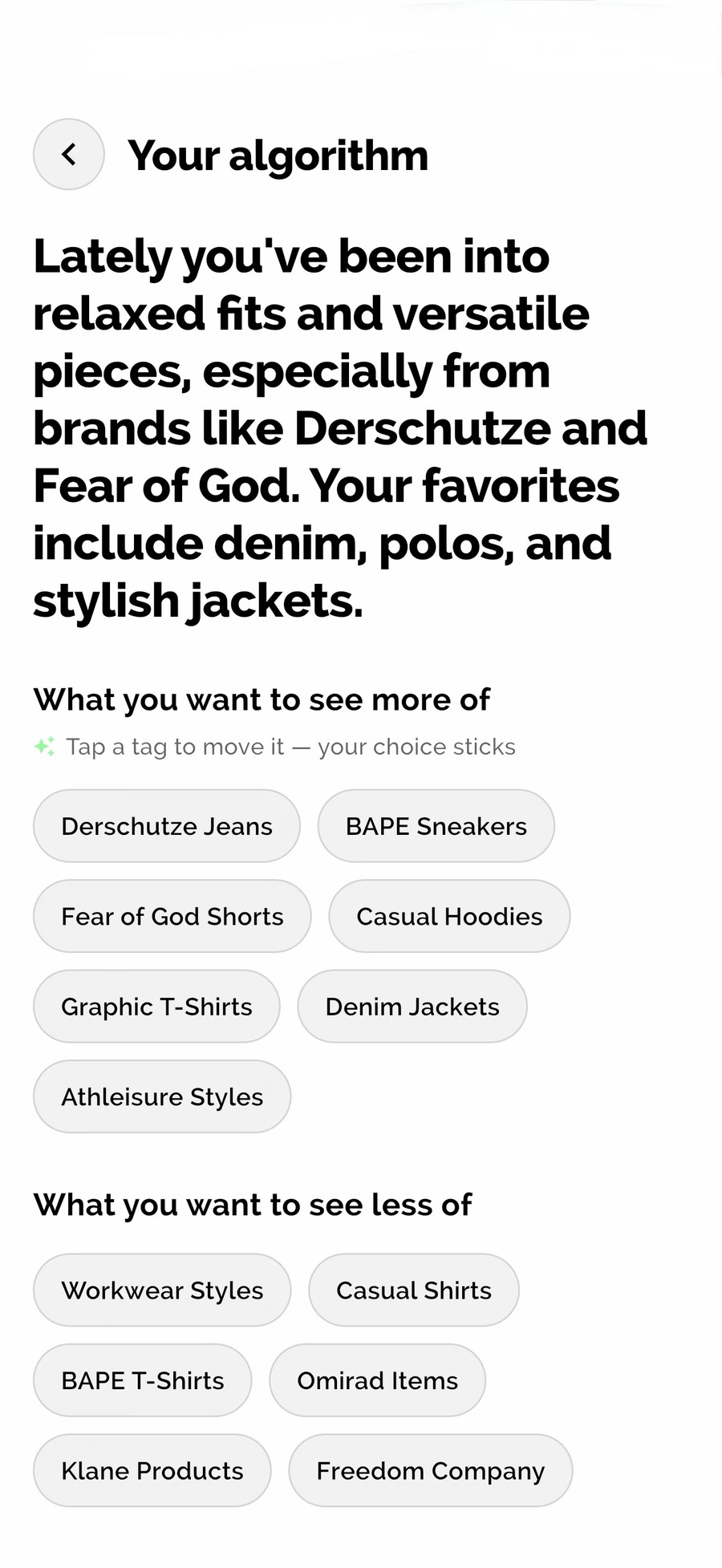 Cloots taste-model screen: the algorithm explains, in plain language, what it has learned about your style