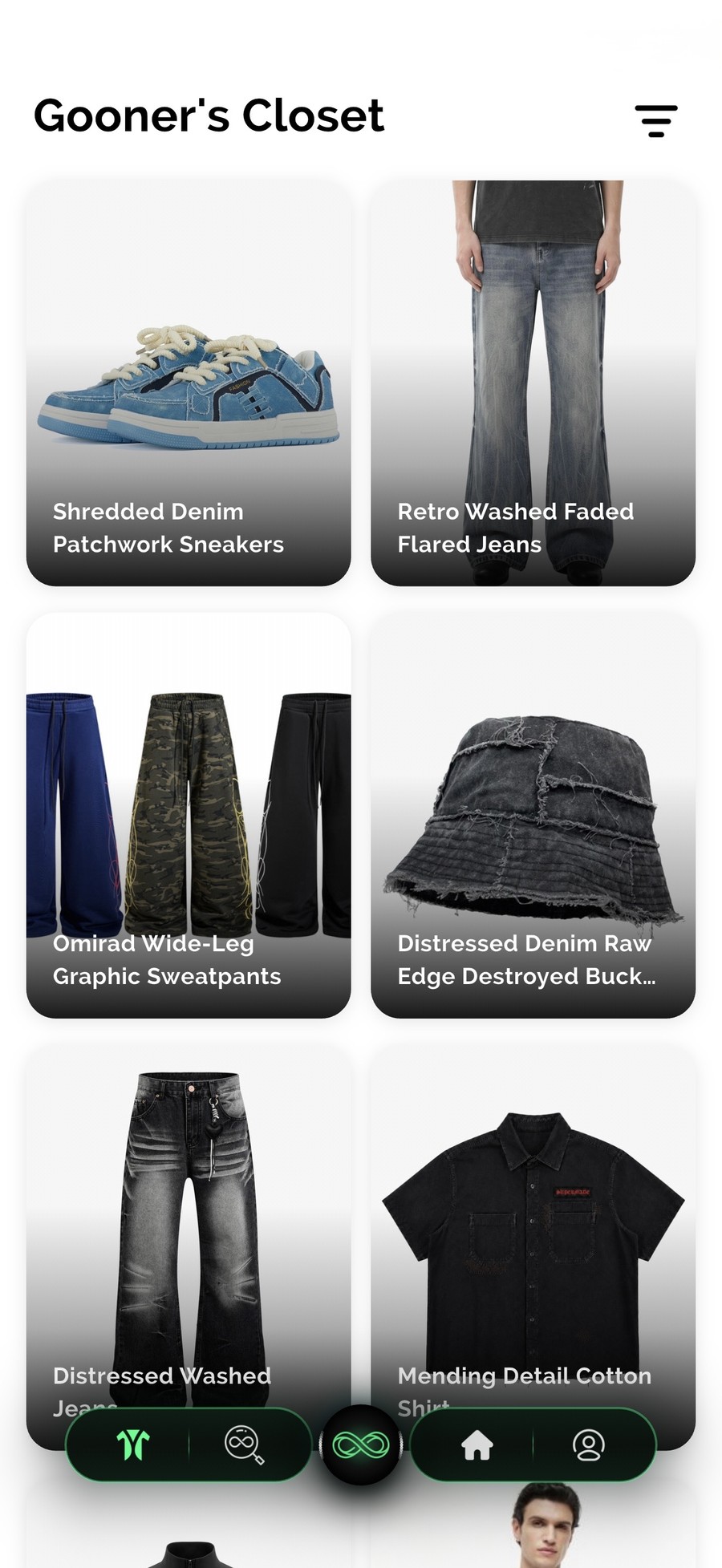 The Cloots closet: a grid of saved pieces, each labelled with what it is
